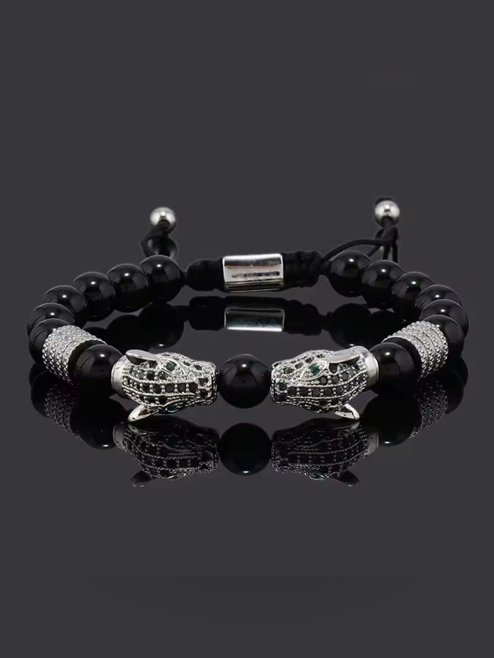 Men’s Black Bead Bracelet with Silver Lion Heads